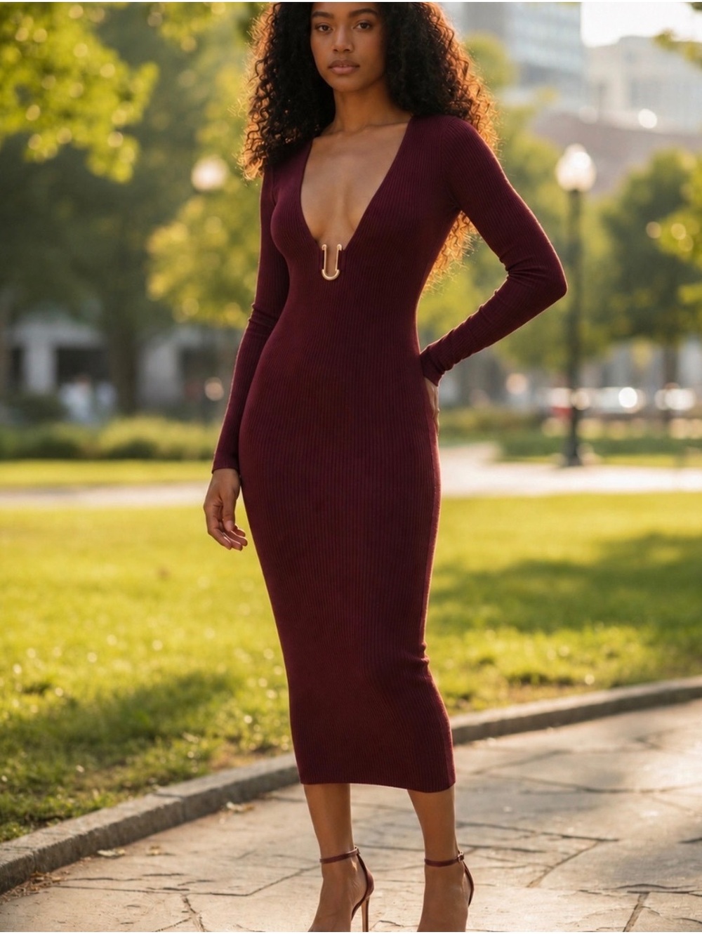 NWT Zara Burgundy Deep V Gold U Hardware Long Sleeve Knit Midi Dress Size S